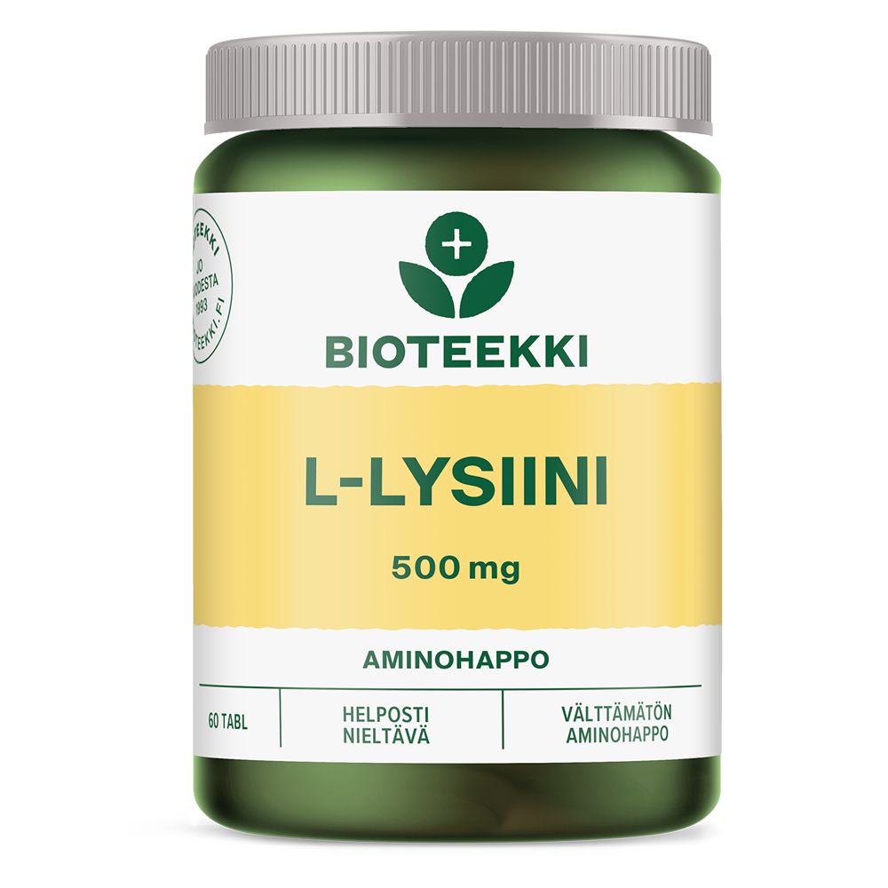 A green plastic bottle with a matte finish, cylindrical shape, and gray screw-on cap is shown. The label is yellow with black and white sans-serif text displaying the product name “Bioteekki L-Lysiini 500 mg,” along with information about 60 tablets. No people or hands are present. Plain background, close-up product shot. A green bottle of Bioteekki L-Lysiini 500 mg amino acid supplement with a yellow label and a gray cap, containing 60 tablets and supporting daily well-being.