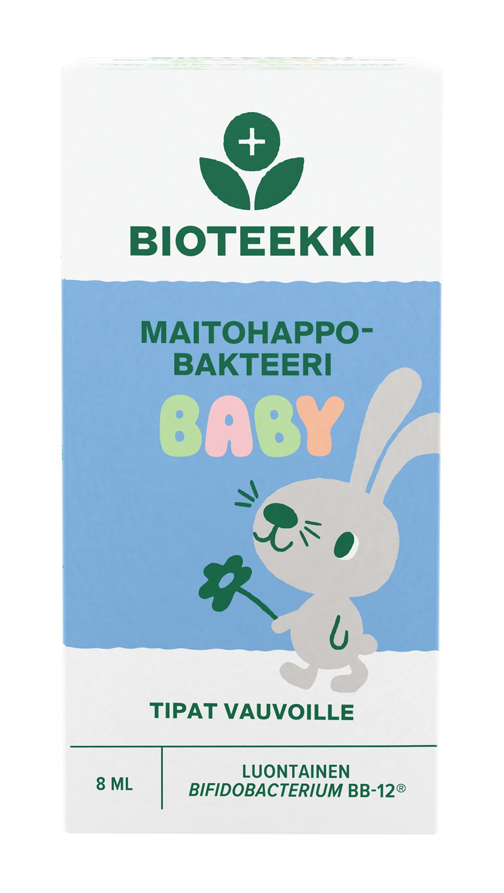 Bioteekki Maitohappobakteeri Baby Tipat; laatikko vauvojen probioottitipoille, kuvituksena piirroshahmoinen jänis vihreä kukka kädessään sinisellä ja valkoisella taustalla; laatikko suorakulmainen mattapintaisena; groteskikirjasin tuotenimelle ja koolle, 8 ml selkeästi luettavissa; ei ihmisiä tai käsiä kuvassa, studiovalaistus vaalealla taustalla.