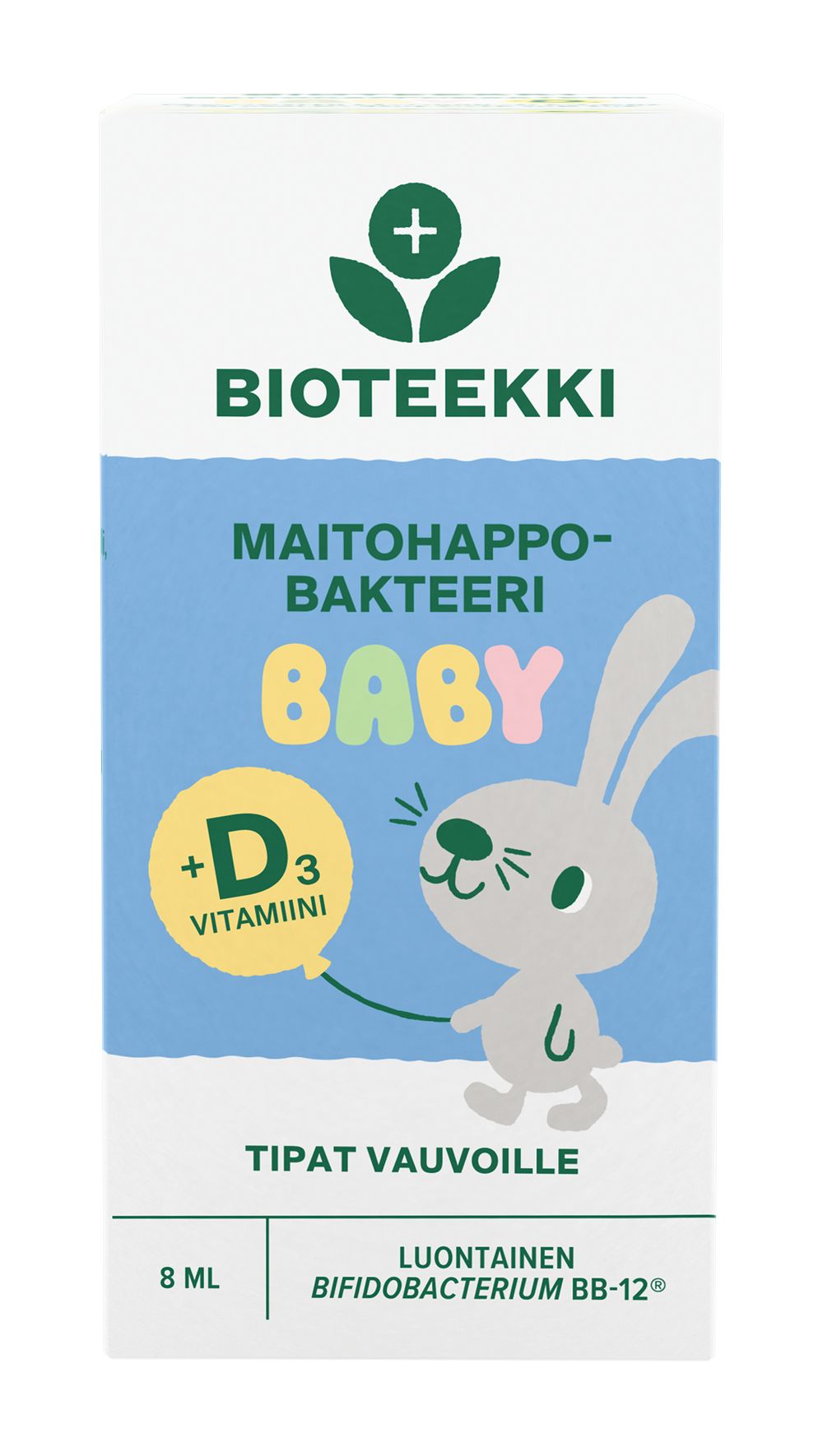 Bioteekki Maitohappobakteeri Baby + D3 Tipat; laatikko vauvojen probiooteista D3-vitamiinilla, kuvituksena piirroshahmoinen jänis keltainen vitamiinikyltti kädessään, eloisa probioottiaiheinen teksti sinisellä ja valkoisella taustalla; pakkaus suorakulmainen, pääosin valkoinen sinisin osioin, mattapintainen lihavoiduin groteskikirjasimin; ei ihmisiä tai käsiä kuvassa, studiokuva ilman rekvisiittaa.