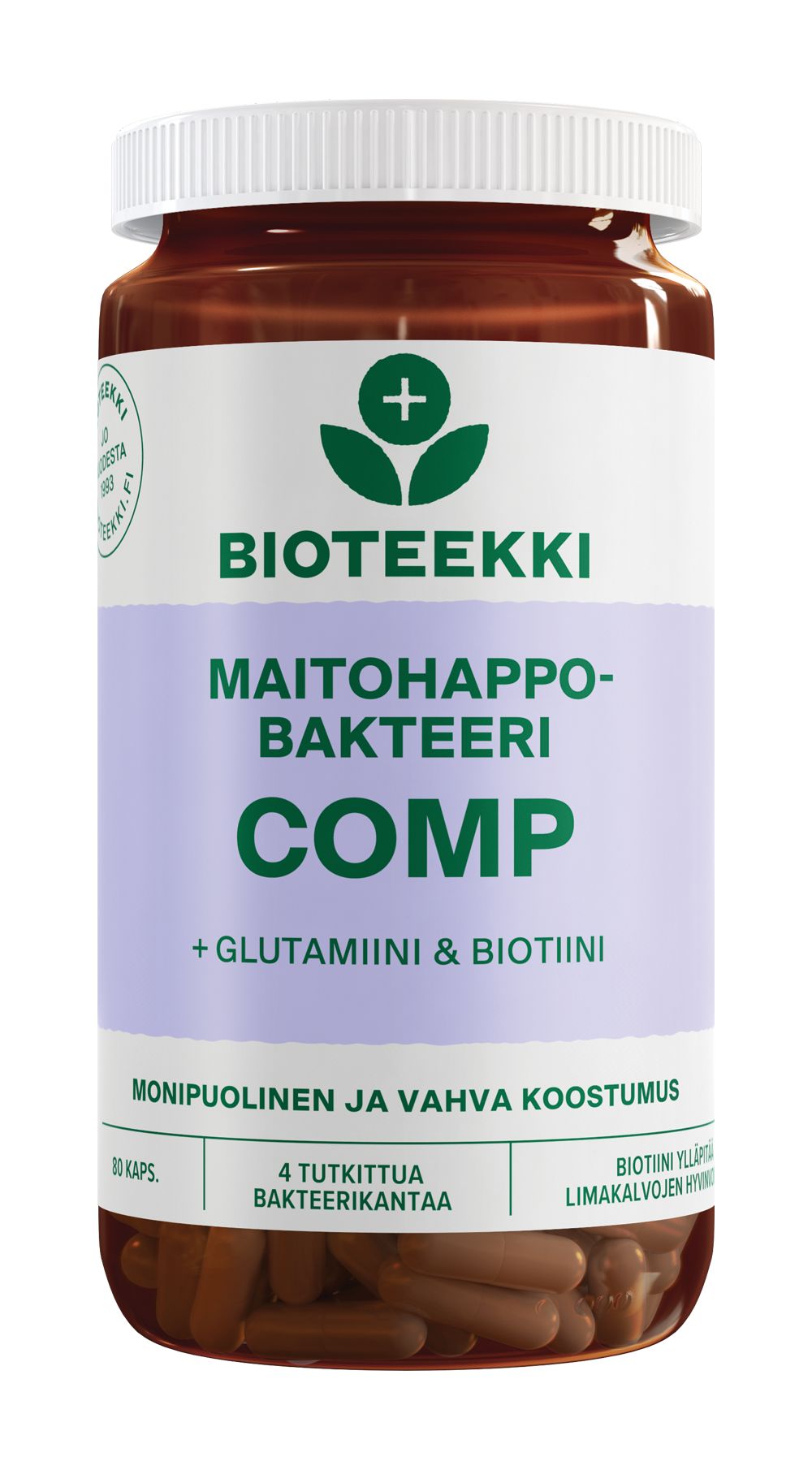 Bioteekki Maitohappobakteeri Comp; ruskea purkki violetilla ja valkoisella mattaetiketillä sisältäen kapseleita; pakkaus sylinterinmuotoista muovia; kirjasin selkeää groteskia lihavoituna ja tavallisena; etikettitekstissä ainesosat probiootit, biotiini ja glutamiini; valkoinen tausta, suoraan edestä kuvattu, ei ihmisiä kuvassa.