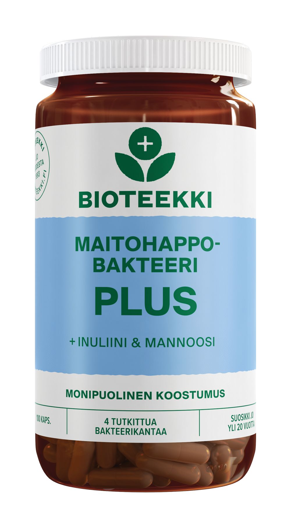 Bioteekki Maitohappobakteeri Plus; ruskea pullo tekstillä "Bioteekki Maitohappobakteeri Plus" inuliinilla ja mannoosilla, suomenkielinen teksti, sisältää kapseleita; pullo sylinterinmuotoista muovia valkoisella ruuvikannella; etiketti mattapintainen, pääosin valkoinen vaaleansinisin korostuksin maitohappobakteerin kohdalla; groteskikirjasin; vaalea tausta, ei ihmisiä tai käsiä kuvassa.