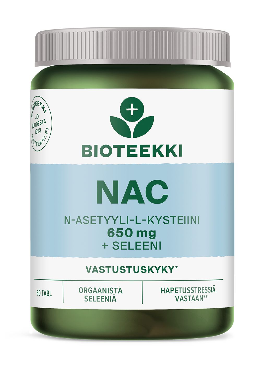 A green and white supplement bottle labeled Bioteekki NAC N-asetyyli-L-kysteiini 650 mg + Seleeni, featuring organic selenium for immunity and oxidative stress support. The bottle contains 60 tablets. The container is cylindrical plastic with a matte white body, glossy green cap, and block sans-serif black text plus green accents on the label. Plain studio background with no other items visible.