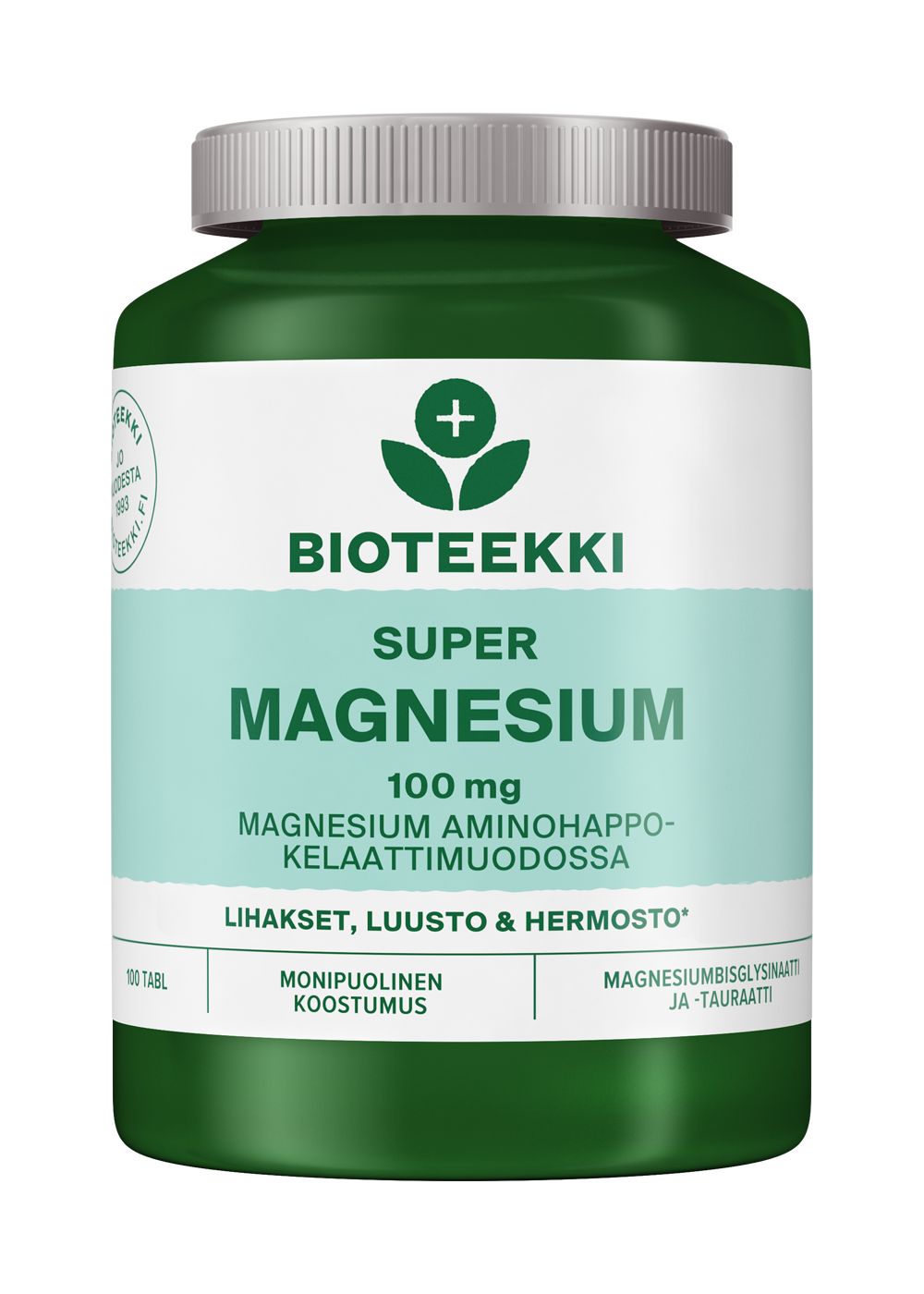 Bioteekki Super Magnesium 100 mg -tabletit; valkoinen, lieriömäinen pullo, jossa vihreä muovikorkki ja mattapintainen vihreä etiketti; etiketissä suomenkielistä tekstiä, mm. annostelu- ja magnesiumtiedot, groteskityyppiä; tuote kuvattu lähikuvana vaalealla taustalla, ei ihmisiä.