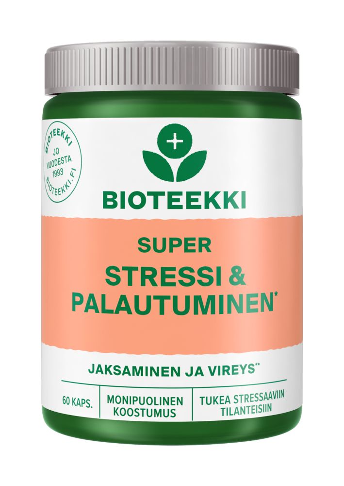 Bioteekki Super Stressi & Palautuminen; vihreä-valkoinen muovipurkki mattapinnalla, sylinterinmuotoinen ja vihreällä kierrekorkilla; etiketissä lukee lihavoidulla groteskikirjasimella tuotenimi sekä suomenkielistä tekstiä ja yksinkertainen lehtilogo; etiketissä mainitaan 60 kapselia stressinhallintaan ja palautumisen tukemiseen; yksivärinen tausta, ei ihmisiä tai esineitä näkyvissä.