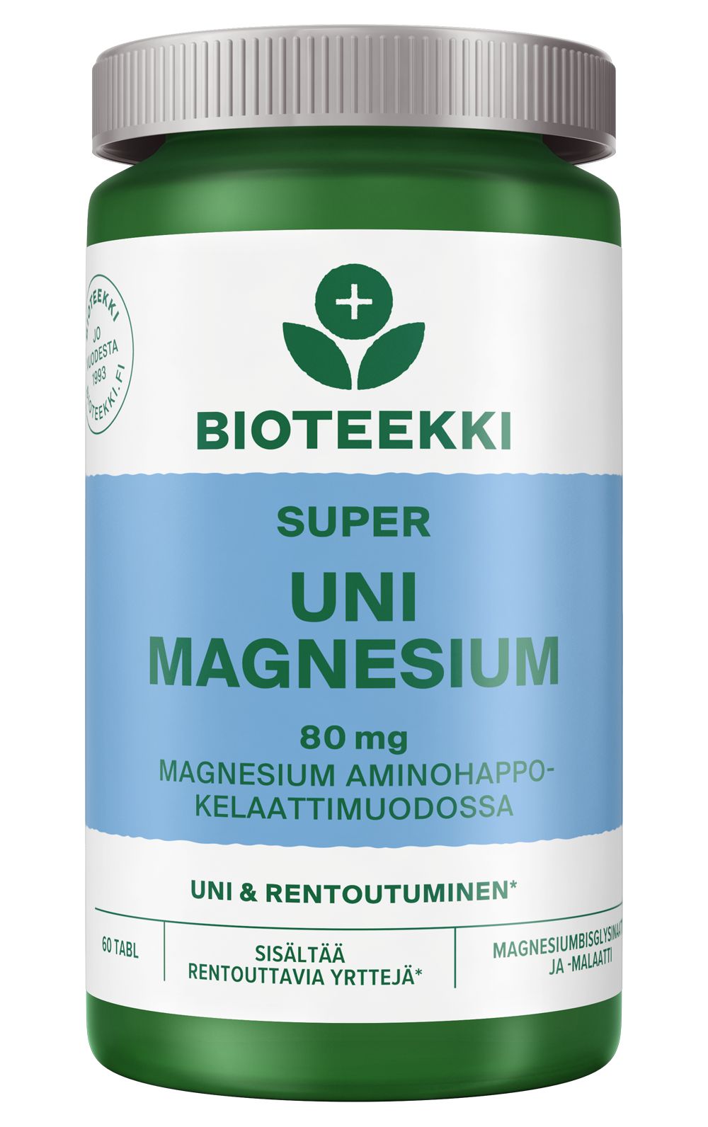 A green and white Bioteekki Super Uni Magnesium bottle, labeled with 80 mg magnesium amino acid chelate, suitable for sleep and relaxation, contains 60 tablets and herbal ingredients to support restful nights. The cylindrical plastic bottle has a matte finish and a white cap. The label uses bold sans-serif fonts in contrasting green and white sections. No people or hands are visible; the shot is taken against a plain background.