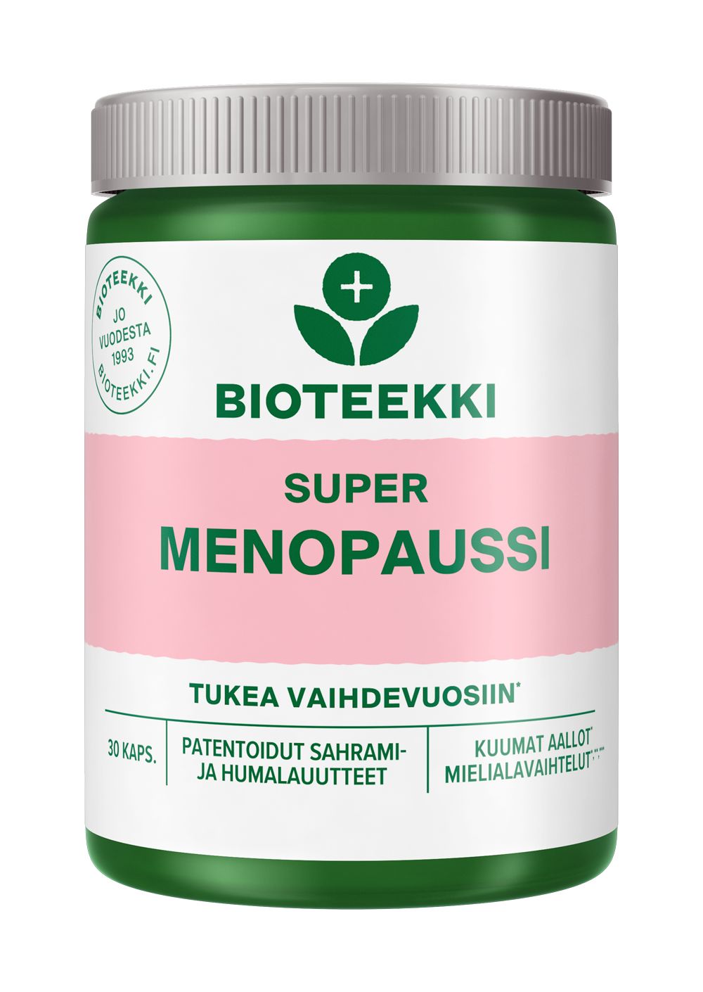 Bioteekki Super Menopaussi; vihreä ja valkoinen Bioteekki-ravintolisäpurkki, jossa suomenkielinen teksti vaihdevuosien tukemisesta, vaaleanpunainen raita, lehtilogo ja tarkoitus edistää vaihdevuosien hyvinvointia; muovinen lieriömäinen purkki mattapinnalla, valkoinen kierrekorkki; etiketti groteskityyppografialla sekafonttikoossa; kuvattu tasaisella valkoisella taustalla, ei ihmisiä tai käsiä.