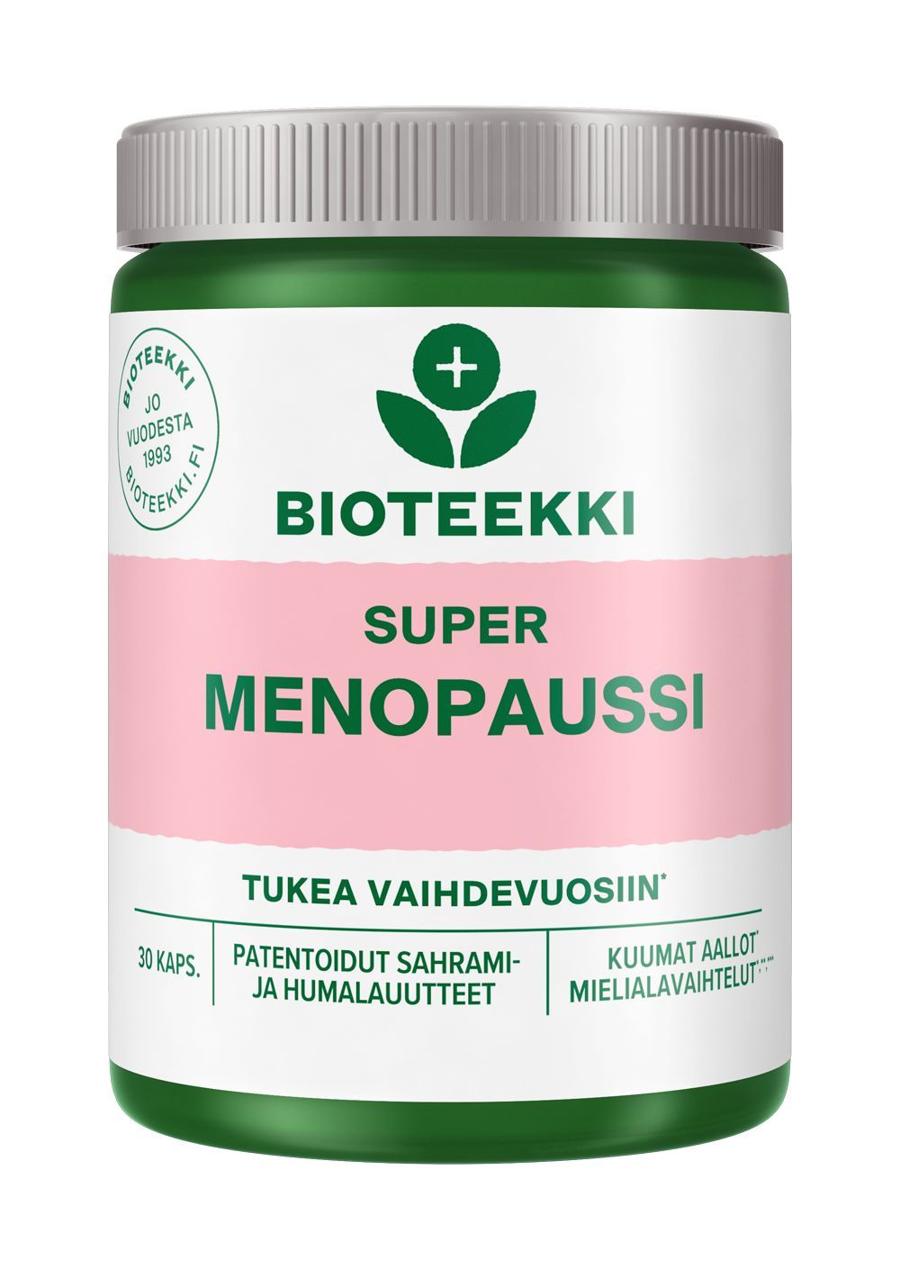 Bioteekki Super Menopaussi; vihreä ja valkoinen Bioteekki-ravintolisäpurkki, jossa suomenkielinen teksti vaihdevuosien tukemisesta, vaaleanpunainen raita, lehtilogo ja tarkoitus edistää vaihdevuosien hyvinvointia; muovinen lieriömäinen purkki mattapinnalla, valkoinen kierrekorkki; etiketti groteskityyppografialla sekafonttikoossa; kuvattu tasaisella valkoisella taustalla, ei ihmisiä tai käsiä.