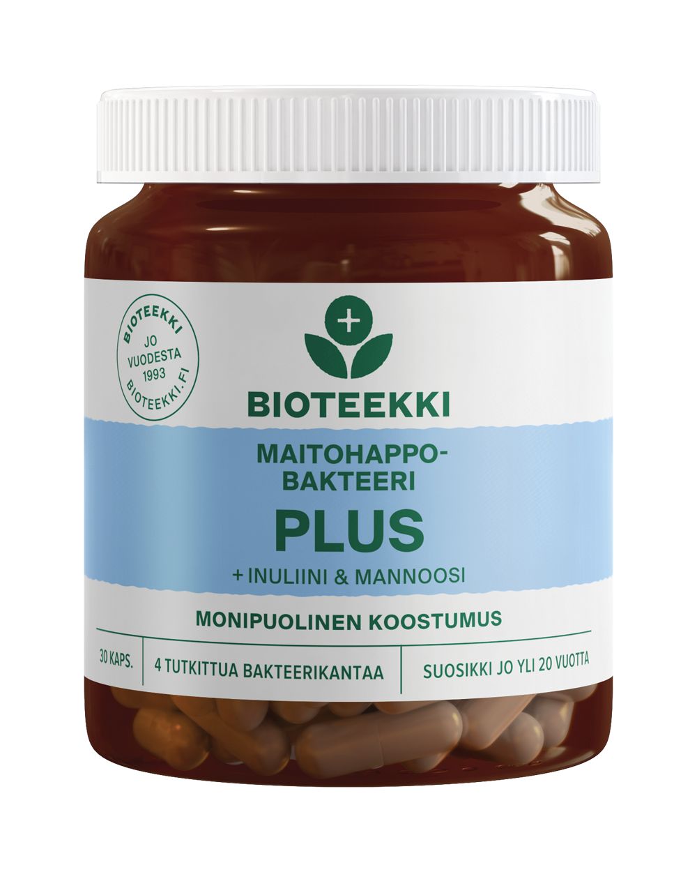 Bioteekki Maitohappobakteeri Plus; ruskea pullo valkoisella kannella sisältäen probioottikapseleita; pullo sylinterinmuotoista muovia mattapintaisena; etiketti sininen ja valkoinen, yksinkertainen groteskikirjasin, suomenkielinen teksti tuotetiedoista; neutraali tausta, ei ihmisiä tai käsiä kuvassa.