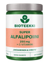 A green and white bottle labeled Bioteekki Super Alfalipoiini 250 mg + C-vitamiini, with text in Finnish highlighting energy, antioxidants, wellness benefits, and added C-vitamiini for enhanced support. Plastic container with a matte surface, cylindrical shape, screw top lid; sans-serif type; photographed against a plain white background; no people or hands in frame.