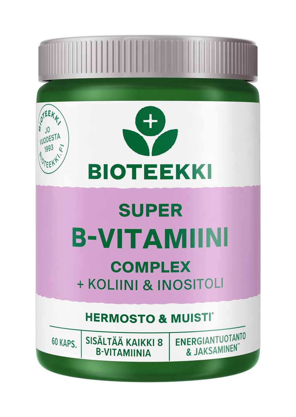 Bioteekki Super B-vitamiini -purkki, vihreä muovikierrekorkki, sylinterinmuotoinen läpinäkyvä runko, kapselit näkyvissä; vaaleanpunainen etiketti, lihavoitu valkoinen-musta groteskiteksti B-vitamiineista, koliinista ja inositolista