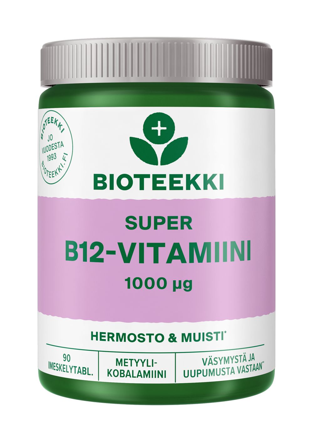 Bioteekki Super B12-vitamiini 1000 mikrog -pullo, valkoinen sylinterinmuotoinen, vihreä muovikierrekorkki; violetti etiketti lihavoidulla valkoisella tekstillä suomeksi, hermosto, muisti ja hyvinvointi mainittu
