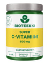 Bioteekki Super C-vitamiini 500 mg -purkki, sylinterinmuotoinen muovipurkki valkoisella kierrekorkilla; keltainen-valkoinen etiketti, teksti suomeksi
