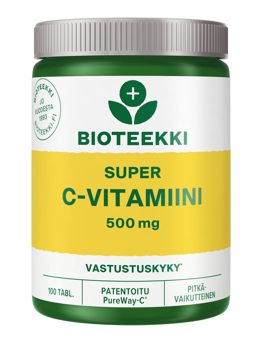 Bioteekki Super C-vitamiini 500 mg -purkki, sylinterinmuotoinen muovipurkki valkoisella kierrekorkilla; keltainen-valkoinen etiketti, teksti suomeksi