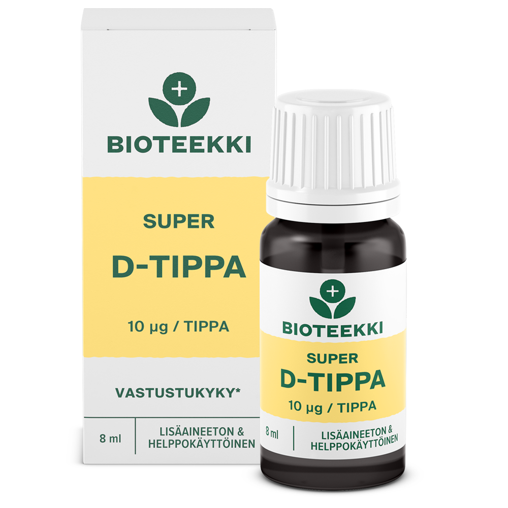 Bioteekki_Super_D-tippa pakkauskotelo ja lasipullo