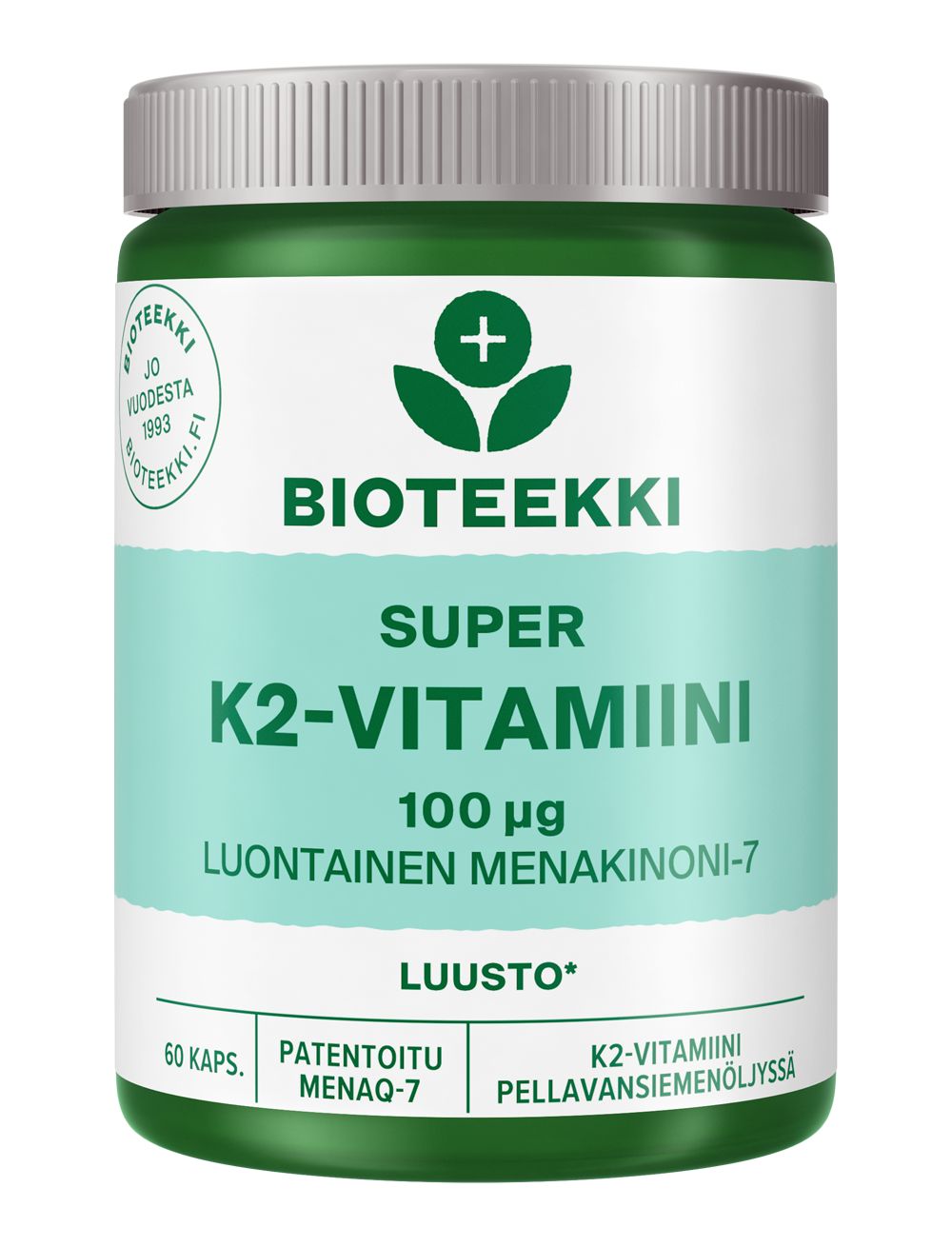 Bioteekki Super K2-vitamiini -pullo, 100 mikrog, vihreä-valkoinen sylinterinmuotoinen muovi, valkoinen kierrekorkki, mattapinta; lehtikuvake tuotenimen yläpuolella, suomenkielinen groteskiteksti, 60 kapselia