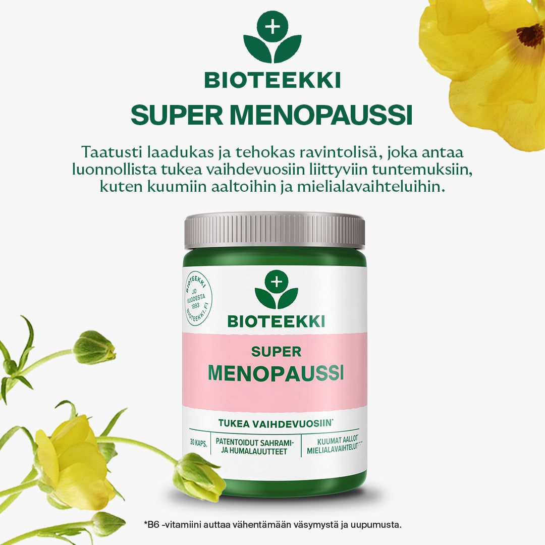 Bioteekki Super Menopaussi; purkki Bioteekki Super Menopaussi -ravintolisää; lieriömäinen, valkoinen kierrekansi, mattapintaisessa etiketissä luettavaa suomenkielistä tekstiä ja lihavoitu tuotenimi groteskilla; astia sijoitettu erilaisten oikeiden kukkien ja vihreiden kasvinvarsien joukkoon neutraalilla taustalla, kuvattu edestä silmien tasolta.