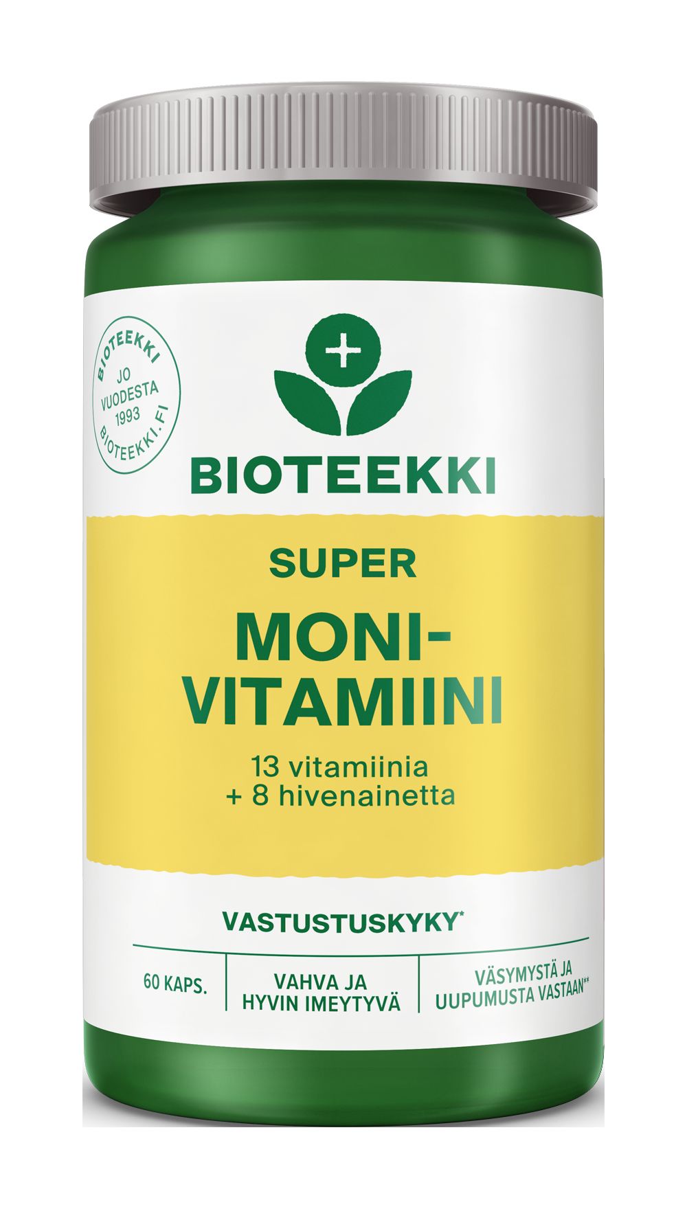 Bioteekki Super Monivitamiini -muovipurkki; vihreä ja keltainen väritys; mattapintainen, sylinterimäinen ja yläosastaan hieman pyöristetty purkki; etiketissä selkeällä tekstausvapaalla kirjasimella suomenkielinen teksti 13 vitamiinista ja 8 kivennäisaineesta sekä sisällöksi 60 kapselia; kuvattu valkoista taustaa vasten.