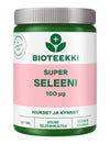Bioteekki Super Seleeni, 100 µg, 120 tablettia; vihreä-valkoinen pullo, vaaleanpunainen raita ja suomenkielistä tekstiä; lieriömäinen muovipullo, valkoinen kierrekorkki, pääosin mattapintainen; etiketissä mustaa ja vaaleanpunaista groteskityyppiä; tuote kuvattu suoraan edestä silmän tasolta vaalealla taustalla.