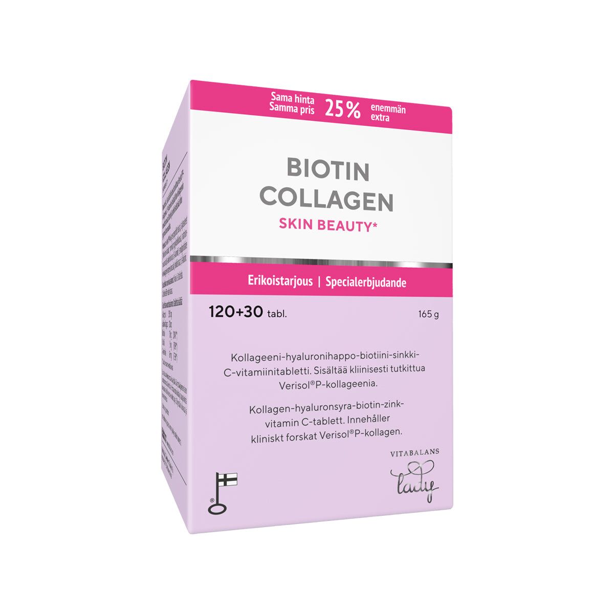 Biotin Collagen Skin Beauty+ -pakkaus; suorakulmainen, mattapintainen rasia vaaleanpunaisen, valkoisen ja violetin sävyissä; suomen- ja ruotsinkielinen teksti tekstausvapaalla kirjasimella; selkeät ikonit tablettimäärästä ja biotiinipitoisuudesta; kuvattu tasaisesti valaistua, yksiväristä taustaa vasten, ei ihmisiä tai käsiä näkyvissä.