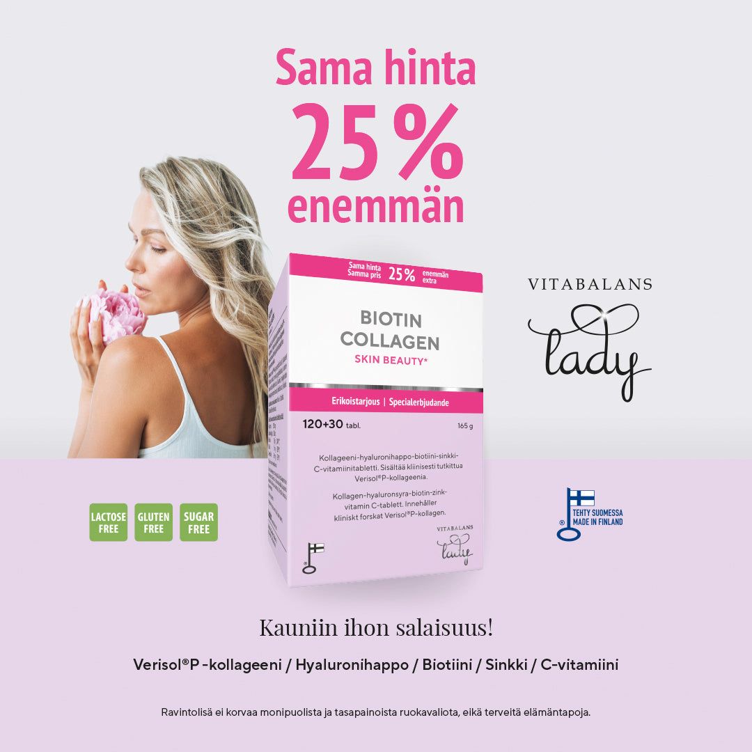 Biotin Collagen Skin Beauty -pakkaus, jonka edessä pitkähiuksinen, vaaleahiuksinen nainen pitelee valkoista mukia kasvojensa lähellä; vaaleanpunainen, suorakulmainen ja mattapintainen rasia lihavoidulla tekstausvapaalla tekstillä "Biotin Collagen Skin Beauty"; pakkauksessa maininta "25% more product" sekä viittaus biotiinin hyötyihin ihon kauneudelle; tausta vaaleanpunainen, mukana tyylitelty naishahmon siluettilogo.