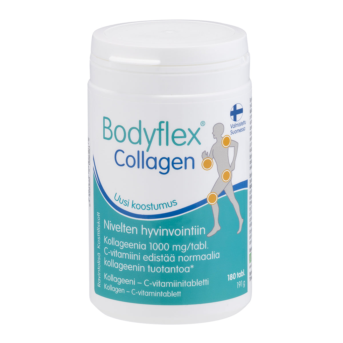 Bodyflex Collagen; valkoinen muovipullo kierrekorkilla, seisoo pystyssä yksivärisellä taustalla; mattapintaisessa etiketissä suomenkielistä tekstiä, sinistä ja vihreää lohkokirjasinta sekä yksinkertaistettu ihmishahmo nivelet korostettuna; etiketissä mainitaan 180 tablettia; ei ihmisiä tai käsiä näkyvissä.