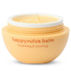Bodyotics Happyvulva Balm; pyöreä persikanvärinen purkki tekstillä happyvulva balm Hydrating & Soothing, kansi irrotettuna näyttää sisällä olevan kermaisen keltaisen kosteusvoiteen; muovipakkaus mattapinnalla; painettu etiketti yksinkertaisella groteskikirjasimella; ei ihmisiä tai käsiä näkyvissä; astia aseteltuna neutraalille pinnalle erillisessä tuotekuvassa.