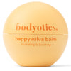 Bodyotics Happyvulva Balm; pyöreä persikanvärinen purkki mattapinnalla näyttää etiketin: bodyotics. happyvulva balm Hydrating & Soothing; kirjasin groteski, astia muovia kierrekannella; ei ihmisiä tai käsiä näkyvissä; tuote seisoo saumattomalla valkoisella taustalla yksinkertaisessa studiokuvassa.
