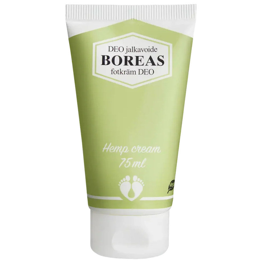 Boreas DEO Jalkavoide; vihreä ja valkoinen tuubi tekstillä ”Boreas foot cream, 75ml”, teksti ”DEO jalkavoide” ja ”fotkräm DEO” sekä pieni jalanjälkikuvake alaosassa; muovinen tuubi pystyssä mattapinnalla ja valkoinen korkki; groteskikirjasin tummanvihreänä ja mustana; tuote yksin vaalealla, tasaisella taustalla; ei ihmisiä tai esineitä näkyvissä.