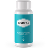 Boreas Jalkakylpysuola: valkoinen pullo turkoosilla etiketillä tekstillä "BOREAS JALKAKYLPYSUOLA FOOT BATH SALTS 450 G"; rauhoittavaa kylpysuolaa sisältävä pullo, valkoinen sileä muovikorkki, suorasivuinen pullo; etiketissä lihavoitu groteskikirjasin mustalla ja valkoisella; tausta on yksinkertainen ja tasaisesti valaistu, ei ihmisiä tai käsiä näkyvissä.