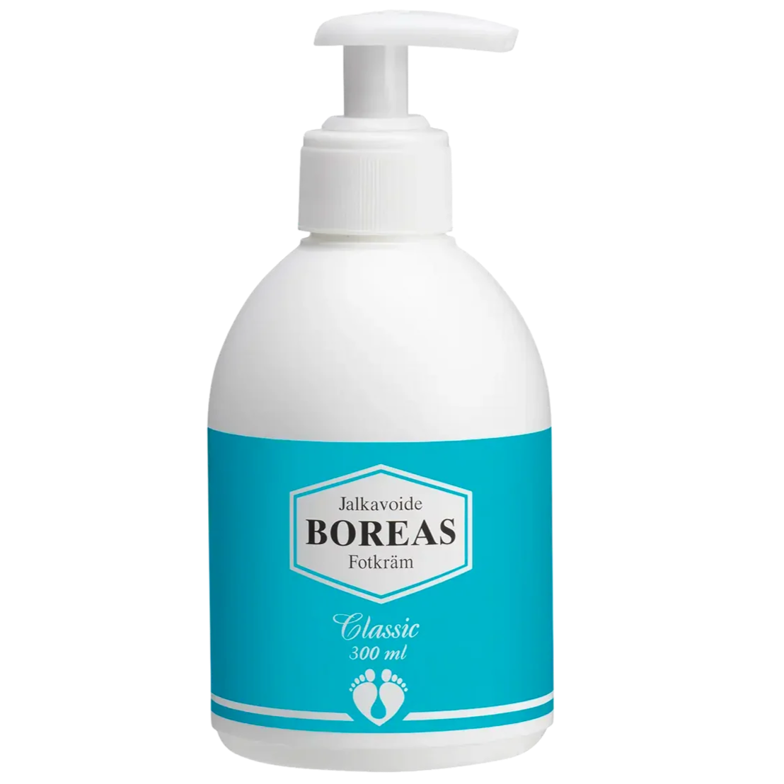 Boreas Jalkavoide; valkoinen muovinen pumppupullo mattapinnalla, sinisin ja valkoisin etikettielementein, tekstillä ”Boreas Jalkavoide Fotkräm Classic 300 ml”; pullo lieriömäinen pyöristetyllä yläosalla; etikettityyppografiassa lihavoitua groteskikirjasinta; tausta tasainen ja neutraali ilman rekvisiittaa tai käsiä; sininen ja valkoinen pullo korostaa käyttöä klassisena jalkavoiteena.