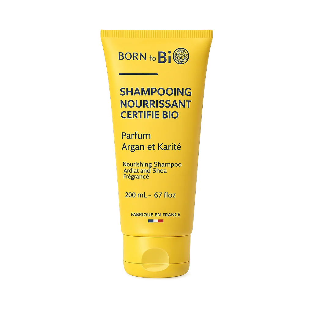Keltainen Born to Bio Nourishing Shampoo -putkilo arganilla ja sheavoilla, tekstiä ranskaksi ja englanniksi etiketissä; putkilo muovia mattapinnalla ja pyöristetyllä muodolla; typografiassa mustia, valkoisia ja ruskeita elementtejä sekä serif- että groteskikirjasimella; koko ilmoitettu 200 ml:ksi; etiketissä maininta valmistettu Ranskassa; tausta yksinkertainen ilman ihmisiä tai rekvisiittaa.