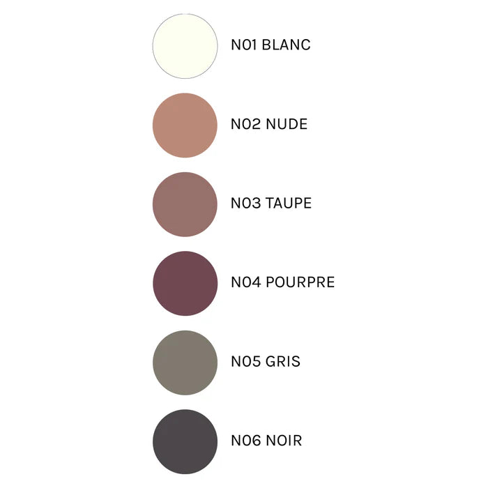 Kuusi suorakaiteen muotoista värinäytettä on aseteltu pystysuoraan riviin, kussakin selkeä painettu merkintä: N01 Blanc (valkoinen), N02 Nude (vaaleanbeige), N03 Taupe (ruskea), N04 Pourpre (violetti), N05 Gris (harmaa) ja N06 Noir (musta); pinta mattainen; ei pakkausta tai muita esineitä näkyvissä; tausta neutraali, ei ihmisiä tai käsiä.