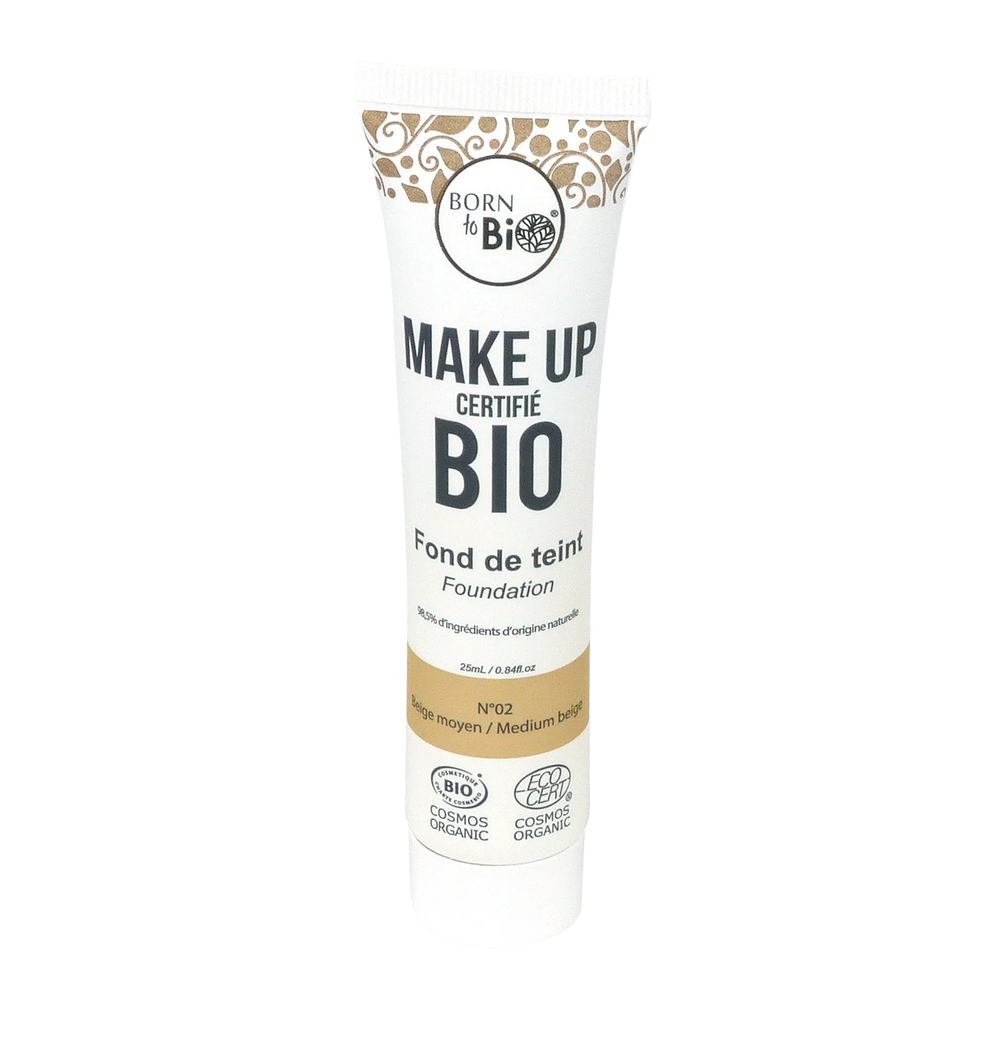 Born to Bio -luomumeikkivoideputkilo sävyssä No. 2 beige moyen/medium beige, jossa ruskeita koristeaiheita ja näkyvät luomusertifikaattilogot valkoisella taustalla; putkilo pystyssä, muovia mattapinnalla, englannin- ja ranskankielinen teksti groteskikirjasimella; kuva edestäpäin, tuote keskellä, ei ihmisiä tai käsiä näkyvissä.