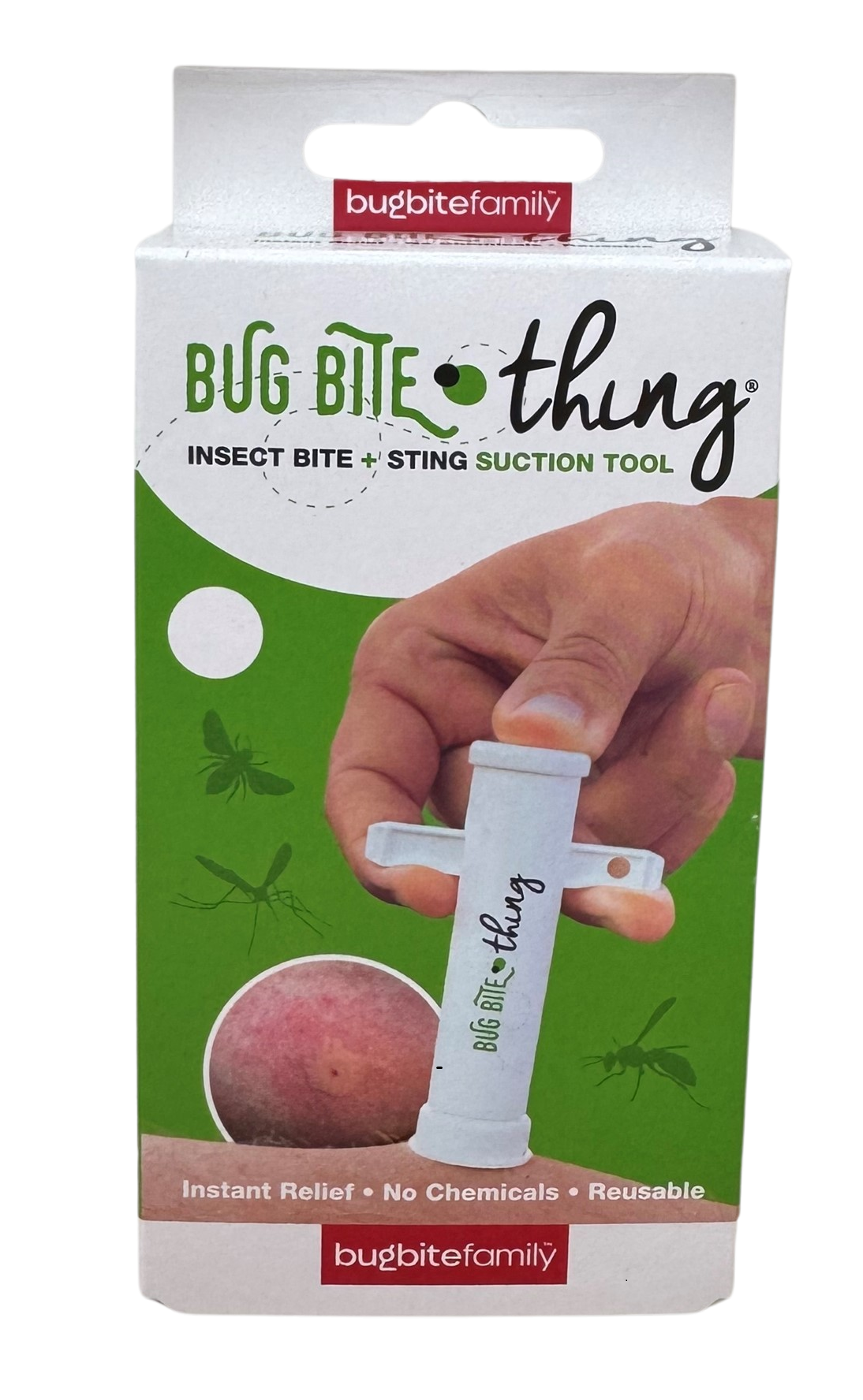A hand uses a white plastic bug bite suction tool on a red bite visible on skin. The tool is cylindrical with a matte finish. The product box is partly shown, featuring green and black sans-serif text stating “Bug Bite Thing” and referring to instant relief and reusability. The background is plain white. A hand uses a white bug bite suction tool on a red bite, as shown on the Bug Bite Thing box, an effective insect sting relief product. The packaging highlights instant relief and reusable features.