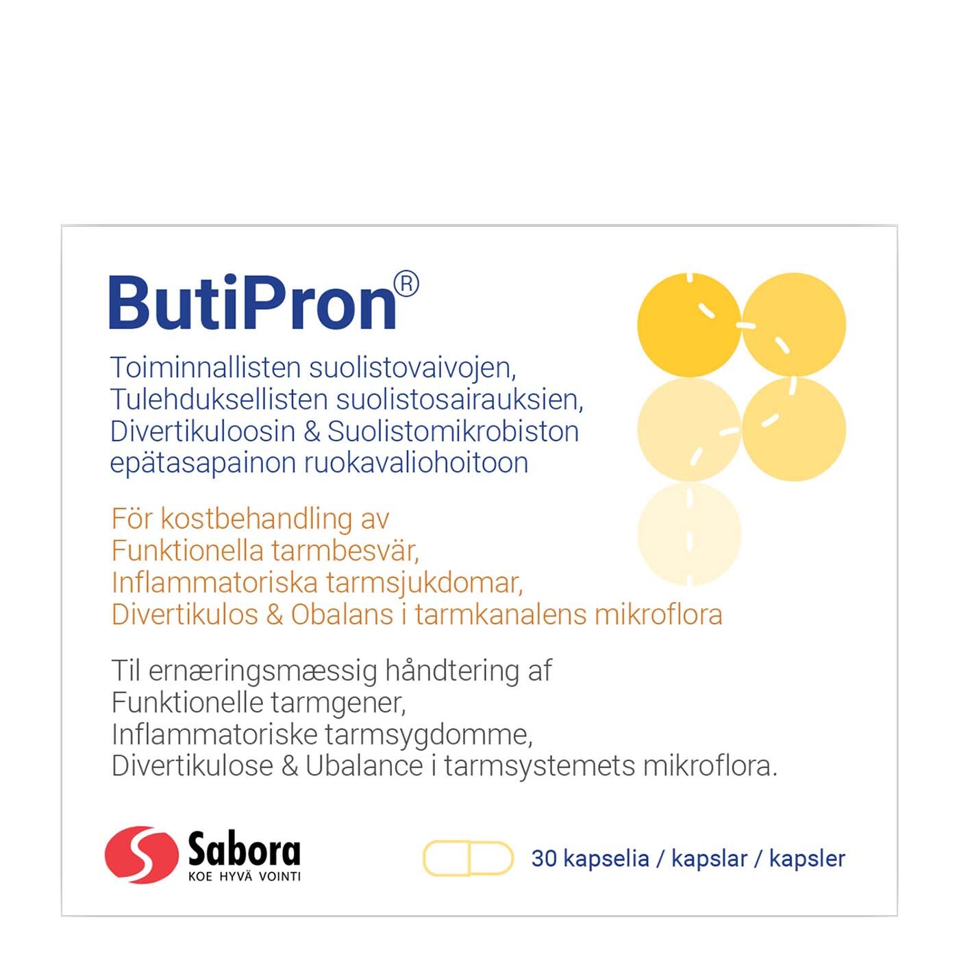 ButiPron; ButiPron®-ravintolisäpakkaus suomen-, ruotsin- ja norjankielisin tekstein, oranssein ja keltaisin kapselikuvakkein sekä Sabora-logolla; suorakaiteen muotoinen mattapintainen valkoinen pakkaus väriaksentein; lihavoitu groteskifontti etupaneelissa; teksti korostaa suolistoterveyden tukemista; pakkauskoko 30 kapselia; vaalea tausta, ei ihmisiä tai käsiä.