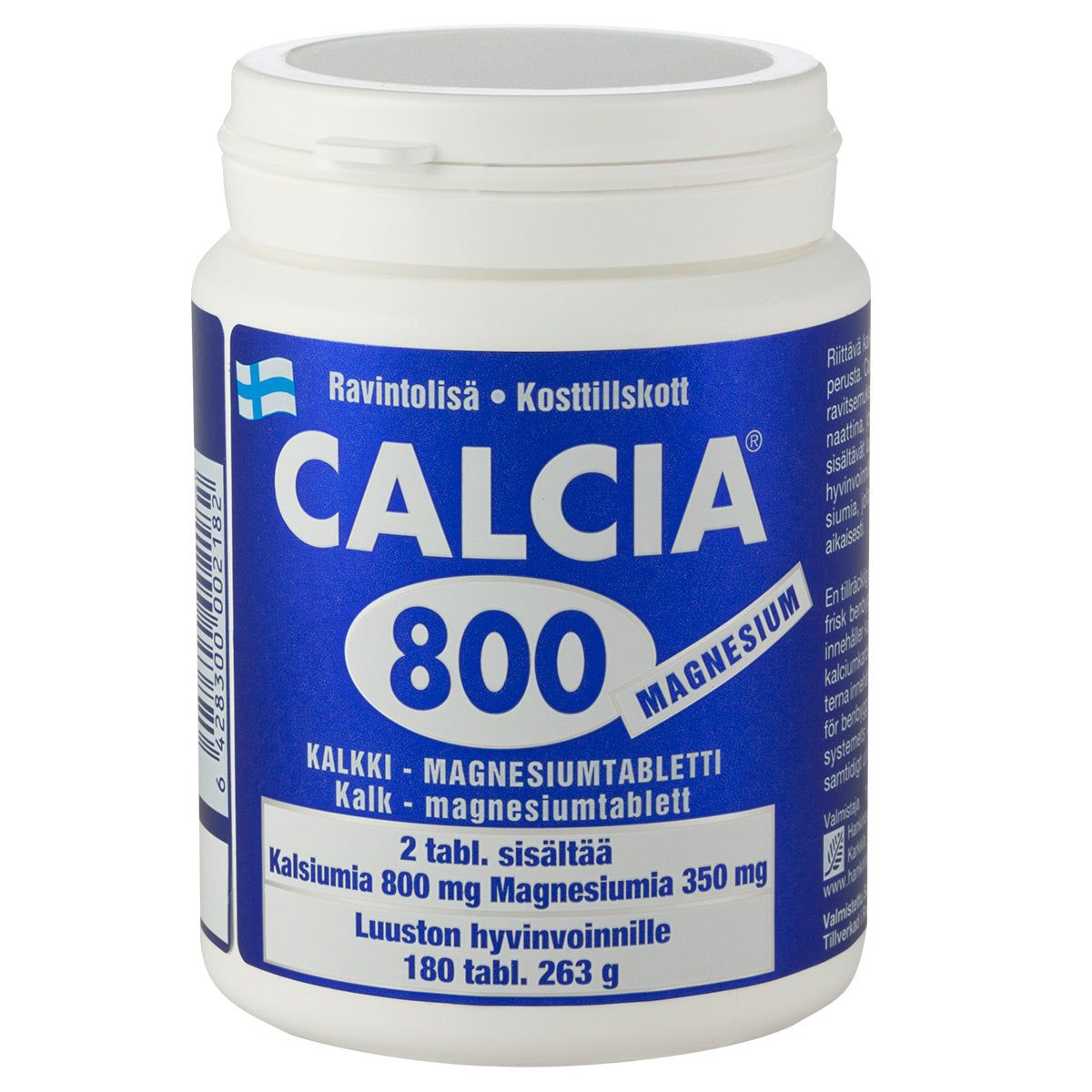 CALCIA 800 MAGNESIUM -pullo, valkoinen, 180 kalsium-magnesiumtablettia, teksti suomeksi ja ruotsiksi, pieni Suomen lipun kuva; sylinterinmuotoinen mattapintainen muovipullo kierrekorkilla