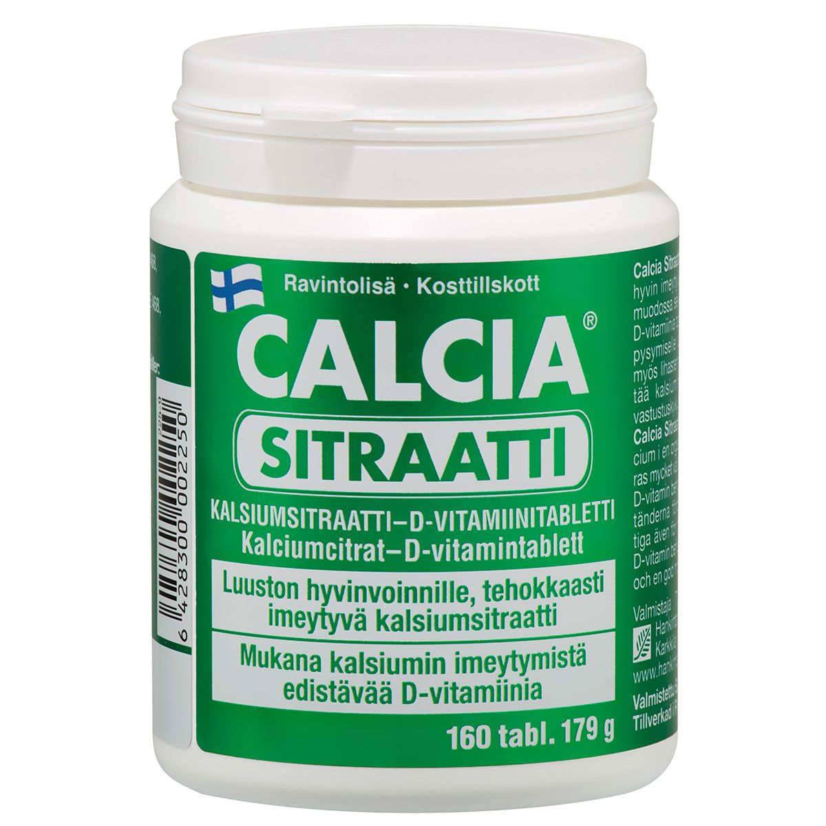 Calcia Sitraatti -pullo, valkoinen, vihreä-valkoinen teksti kalsium- ja D-vitamiinilisästä, 160 tablettia; sylinterinmuotoinen mattapintainen pullo kierrekorkilla, suomenkielinen teksti