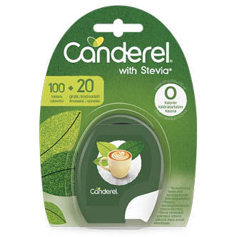 Canderel Stevia Tabs; Canderel with Stevia -makeutustablettipakkaus vihreässä muovisessa läpipainopakkauksessa kiiltopinnalla ja pyöristetyin reunoin, etupuolella kuva valkoisesta kahvikupista ja vihreistä lehdistä; lihavoitu valkoinen etikettiteksti lukee ”100 + 20 tablets” ja ”0 calorie”; ei ihmisiä tai käsiä; tausta tasainen, tuote keskitettynä tavanomaisessa tuotekuvassa.