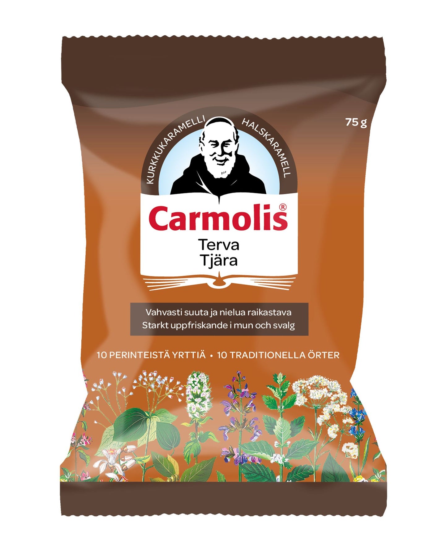 A brown matte-finish bag of Carmolis Terva Tjära throat lozenges stands upright. The packaging features an illustration showing a monk surrounded by herbs and flowers on the front. Product text is clearly shown in Finnish and Swedish. Label indicates a weight of 75 grams. No people, hands, or additional props are visible; background is plain and neutral.