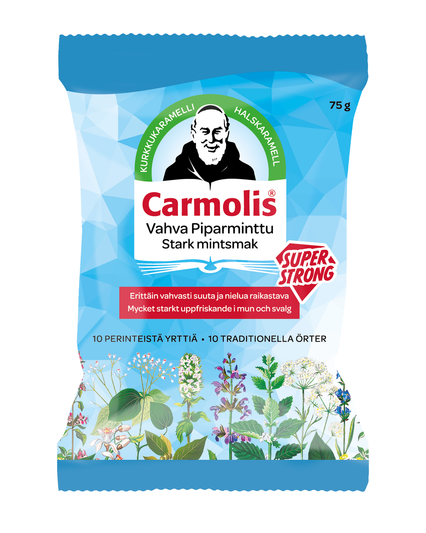 Carmolis Yrttikaramelli Vahva Piparminttu; sininen ja valkoinen pussi Carmolis Super Strong -yrttikaramelleja, alaosassa kuvitettuja yrttejä ja yläosassa miehen muotokuva; suomen- ja ruotsinkielinen teksti korostaa tuotteen raikastavaa piparminttumakua; suorakaiteen muotoinen pussi, mattapinta; brändi- ja tuotenimi lihavoidulla groteskilla; kuva vaalealla, tasaisella taustalla keskitettynä ja suoraan edestä, ei ihmisiä tai käsiä.