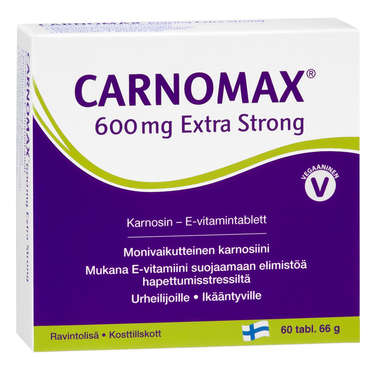 Carnomax 600 mg Extra Strong -tablettipakkaus; suomenkielinen teksti kuvailee tuotteen vegaaniseksi monivitamiiniksi urheilijoille ja senioreille; suorakulmainen, mattapintainen valkoinen pahvipakkaus violetin ja keltavihreän sävyisillä yksityiskohdilla; etiketissä vegaanimerkki; tuotenimi lihavoidulla tekstausvapaalla kirjasimella; kuvattu vaaleaa taustaa vasten, ei ihmisiä tai käsiä näkyvissä.