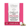 A pink rectangular box labeled Chello Forte with Finnish and Swedish text appears on the front; “phytoestrogens” is specifically called out in the labeling. The box has a matte finish and sharp edges. Three round beige tablets are placed directly beside the box on a plain white background. No people or hands are shown in the image.