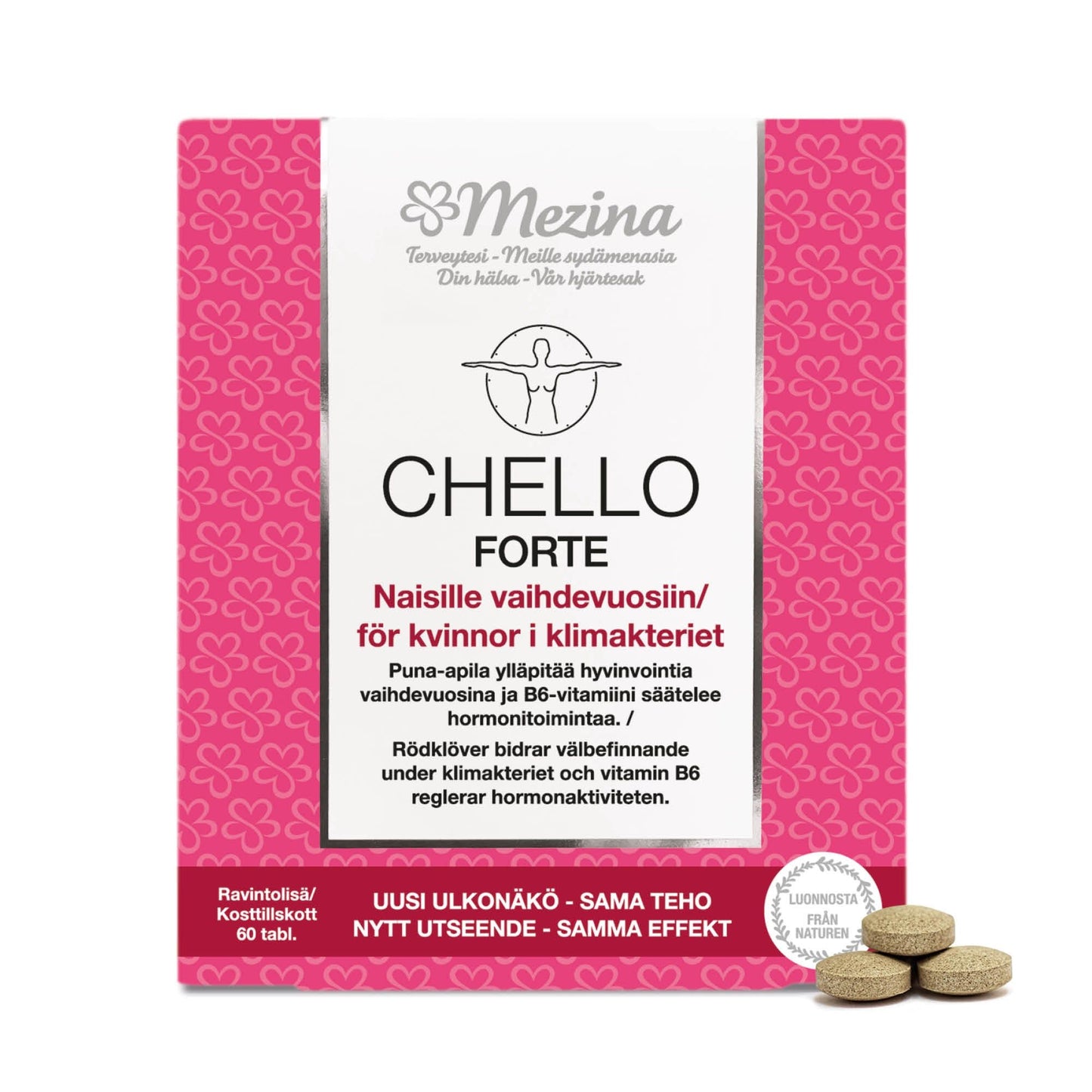 A pink rectangular box labeled Chello Forte with Finnish and Swedish text appears on the front; “phytoestrogens” is specifically called out in the labeling. The box has a matte finish and sharp edges. Three round beige tablets are placed directly beside the box on a plain white background. No people or hands are shown in the image.