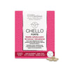 A box of Chello Forte dietary supplement for women in menopause, featuring pink and white cardboard packaging with a matte finish. The label displays product information in Finnish and Swedish using clear, sans-serif type. Three round, white tablets are placed in front of the box. The background is plain white with no people or additional objects visible.