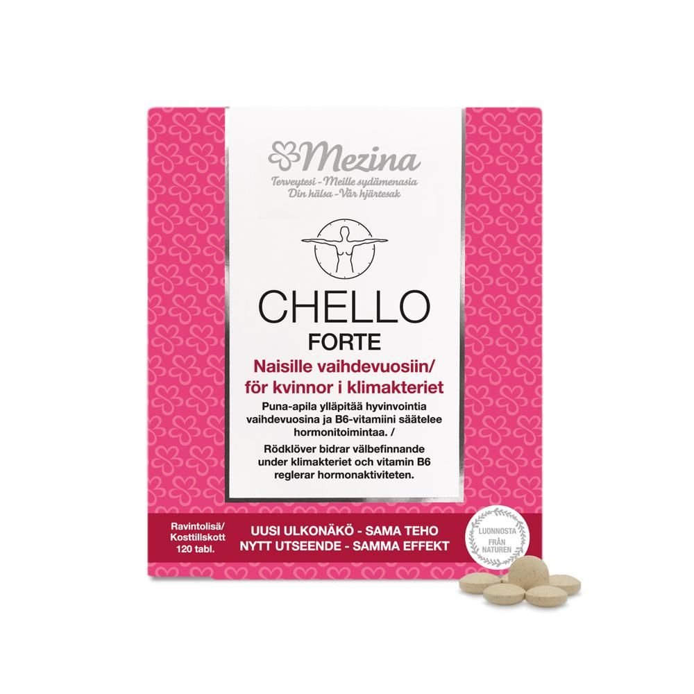A box of Chello Forte dietary supplement for women in menopause, featuring pink and white cardboard packaging with a matte finish. The label displays product information in Finnish and Swedish using clear, sans-serif type. Three round, white tablets are placed in front of the box. The background is plain white with no people or additional objects visible.
