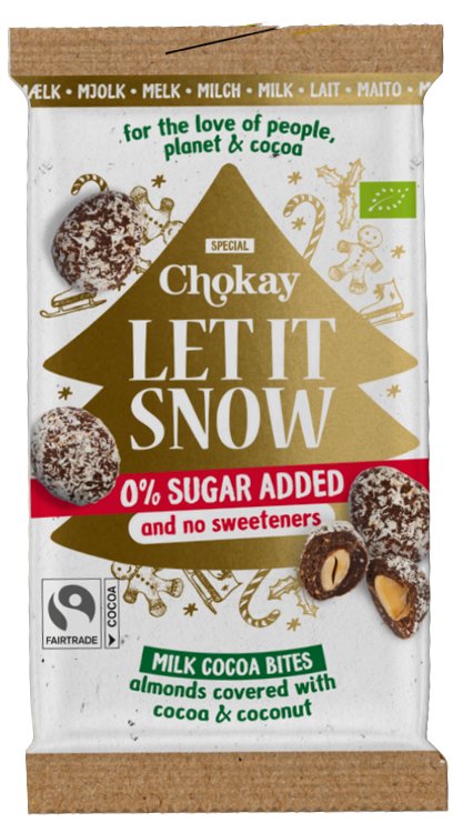 Chokay Let It Snow -mantelit maitosuklaa- ja kookoskuorrutteessa, jouluinen pakkaus
