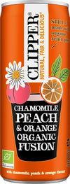 An orange can of Clipper Chamomile, Peach & Orange Organic Fusion drink features floral and fruit illustrations and text highlighting its organic ingredients. The aluminum can has a matte finish, cylindrical shape, and displays large white serif letters for the brand name at the top. Other visible details include smaller sans-serif label text listing flavor and organic certification. No people or objects are present. Plain background with neutral lighting; product shot is front-facing at eye level.