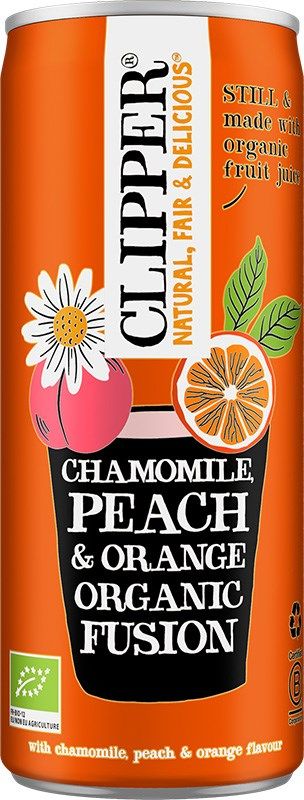 An orange can of Clipper Chamomile, Peach & Orange Organic Fusion drink features floral and fruit illustrations and text highlighting its organic ingredients. The aluminum can has a matte finish, cylindrical shape, and displays large white serif letters for the brand name at the top. Other visible details include smaller sans-serif label text listing flavor and organic certification. No people or objects are present. Plain background with neutral lighting; product shot is front-facing at eye level.