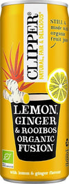 A can of Clipper Lemon, Ginger & Rooibos Organic Fusion drink is shown. The can is cylindrical, with a matte yellow finish and printed illustrations of ginger pieces, lemon slices, and green leaves. Product details and eco-friendly logos are visible in multiple colors. Typography is bold sans-serif for the main text. No people or hands present; photographed against a plain background.