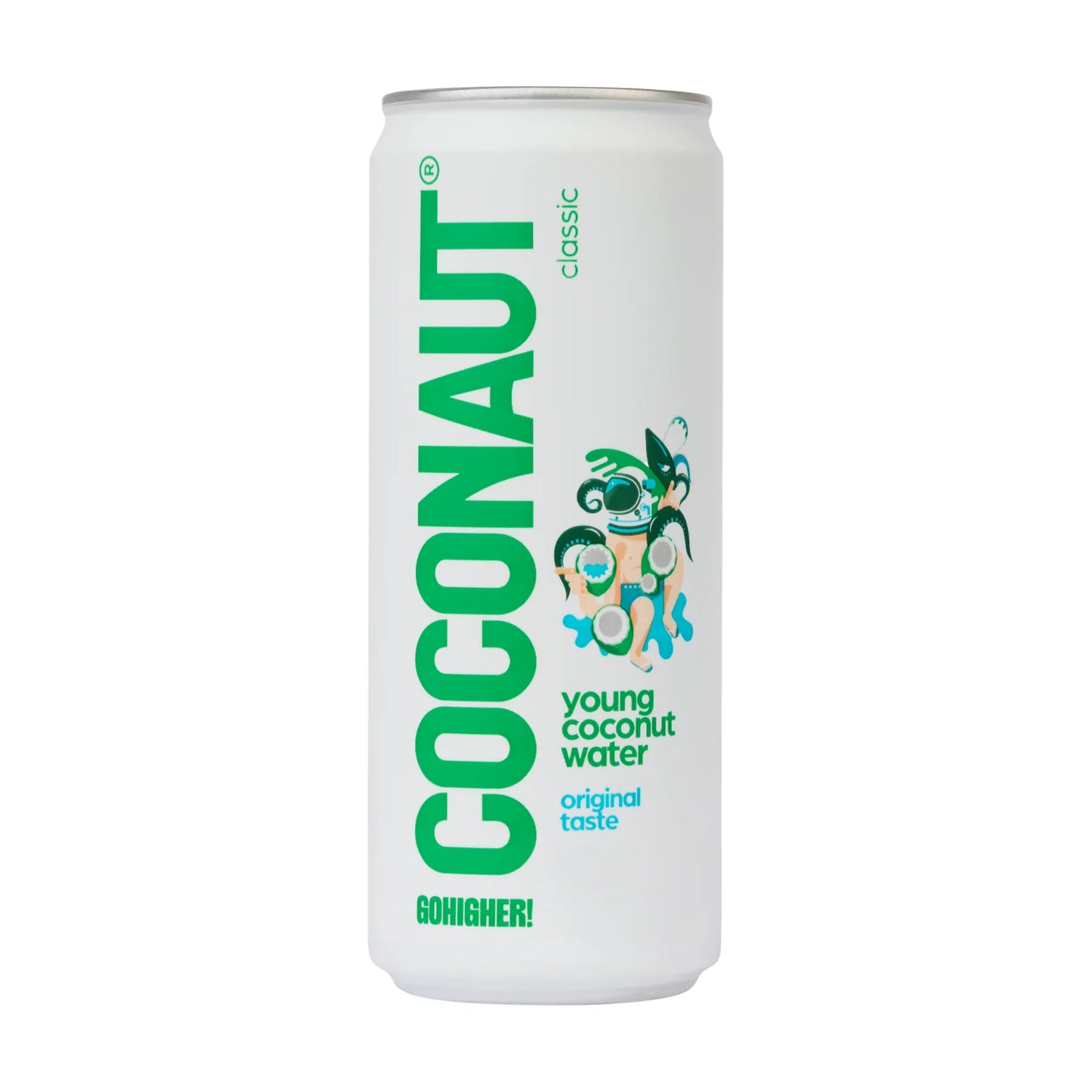Coconaut Kookosvesi Still: valkoinen tölkki tekstillä "COCONAUT classic" vihreällä, kuvitettu sininen ja ruskeansävyinen apinahahmo pitelee kookospähkinöitä; etiketissä myös teksti "young coconut water original taste" ja "GOHIGHER!" selkeällä lohkokirjasimella; sylinterimäinen alumiinitölkki mattapinnalla; ei ihmisiä tai käsiä näkyvissä, tavanomainen tuotekuva koko tölkki keskitettynä kehykseen.